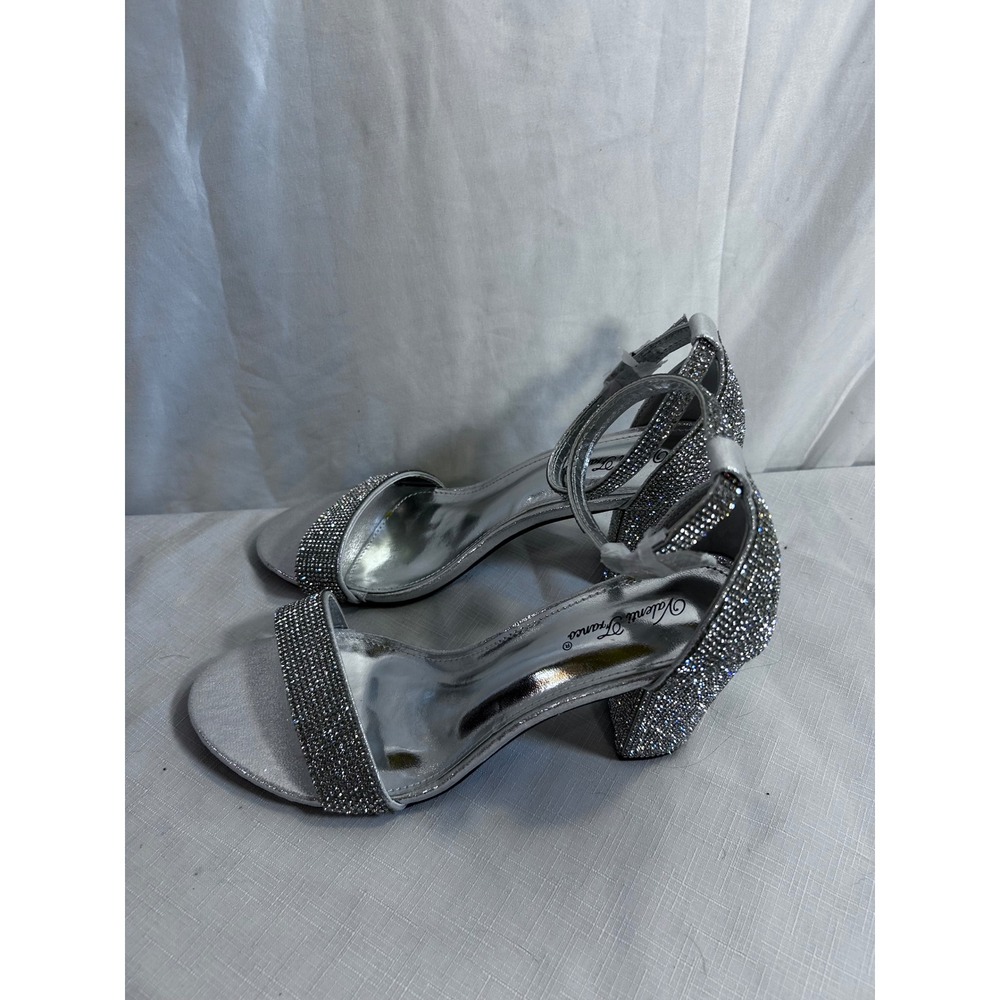 Valenti Franco AVA-1 Rhinestone Block Heel Sandals 10 Silver Dress Shoes Womens